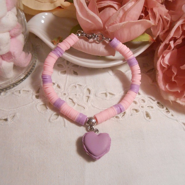 Bracelet 18,cm macaron mauve et perles heishi