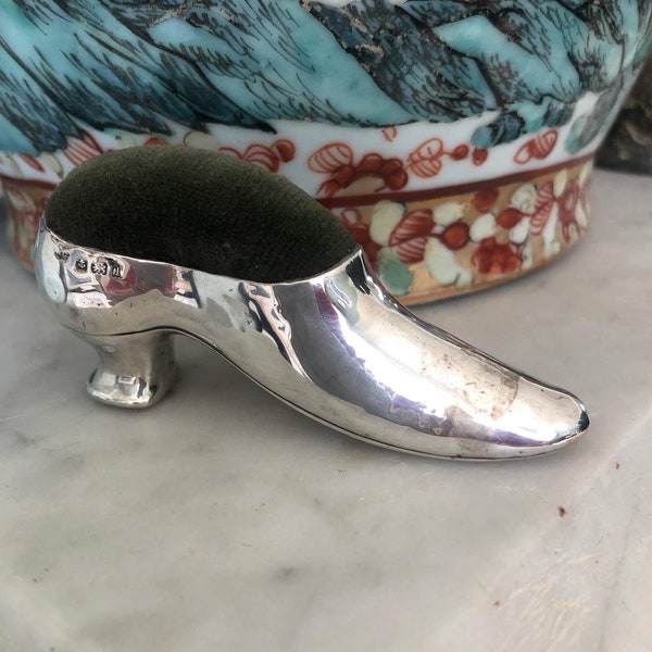 A silver shoe pincushion, miniature, antique, Birmingham 1910, lady’s, maker WC, green velvet, Edwardian, valentines gift.