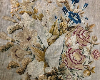 Antique needlepoint, silk and wool, roses, flowers, floral, 19th century.