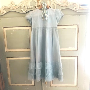 A girl’s dress, duck egg blue, bridesmaid dress, polyester and voile, vintage, age 8-10