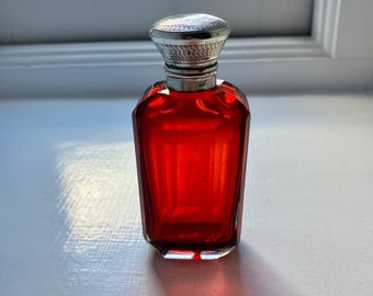 A ruby glass perfume bottle, silver top, original stopper, French, Victorian, antique.