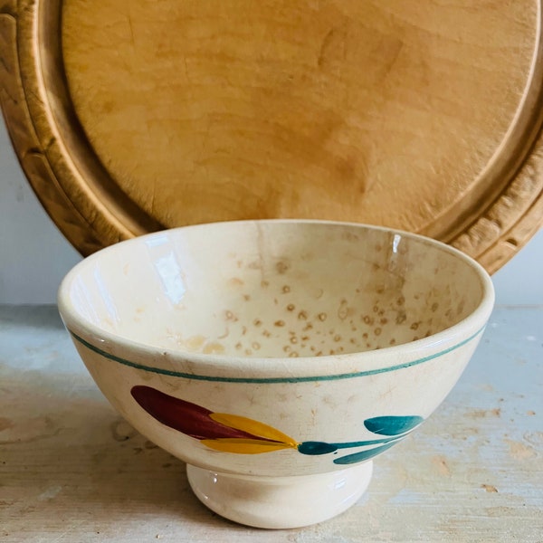 A cafe au lait bowl, French vintage, flowers, floral, cream, green, red, yellow.