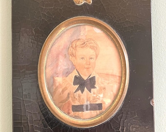 A portrait miniature, a little boy, a child, Georgian , antique, watercolour, hand painted, ebonised frame, wall hanging, gift.