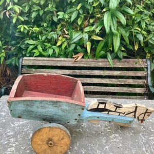 A horse and cart, wooden pull along toy, scratch built, painted, vintage, folk art, children’s.