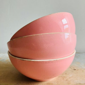 Price per bowl.  Three vintage French pink cafe au lait bowls, China, Digoin and Sarreguimes.