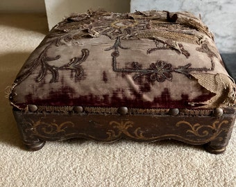 An antique Footstool/Stool, French, crewel work, worn velvet, square, painted wooden frame.