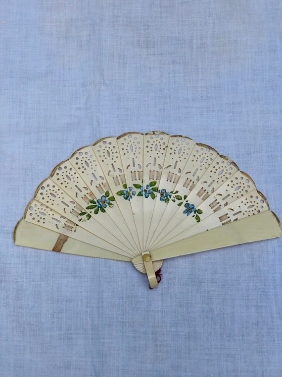 A celluloid Fan, floral, vintage, hand fan, blue … - image 2
