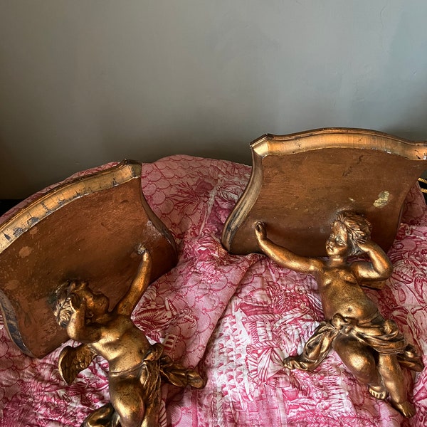 Reserved.  A pair of Cherub Wall Brackets, gilt wood, 18/19th century, gift, angels, shelves, stands.