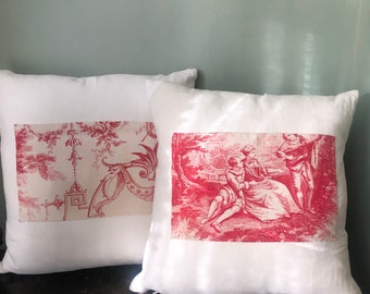 Price per Cushion. Two square white linen Cushions, feather, with toile de jouy panel
