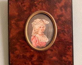 A painting of Marie Antoinette, portrait miniature, antique, framed, burr walnut, wall hanging.