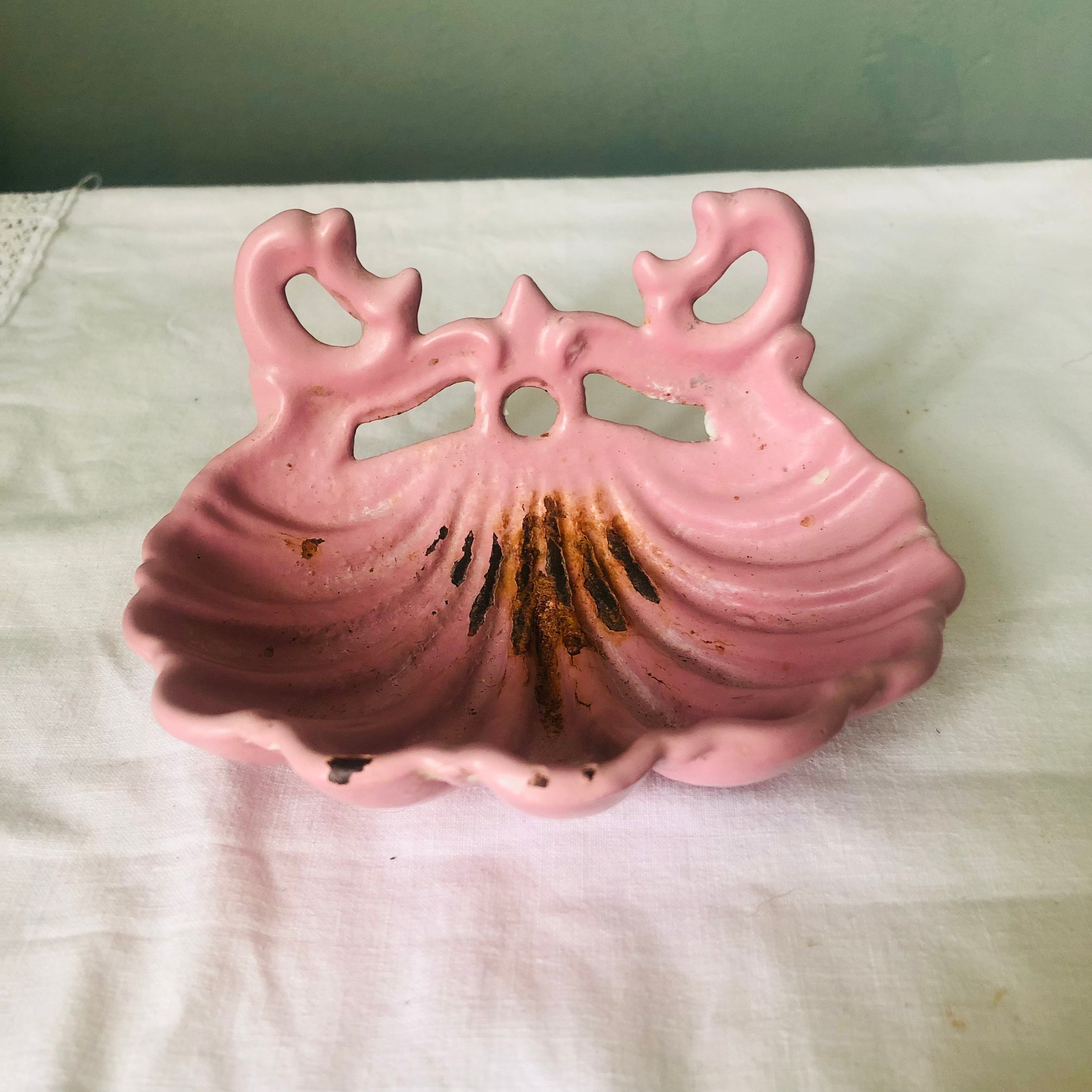 A Vintage Soap Dish French Pink Enamel Tabletop Etsy