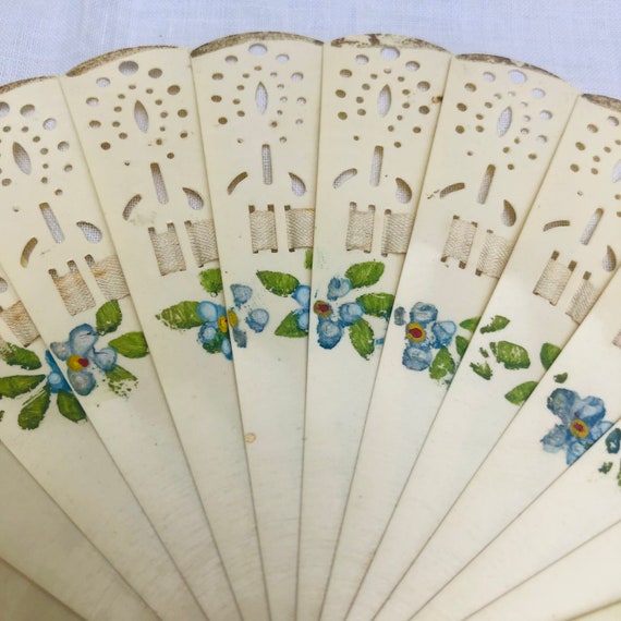 A celluloid Fan, floral, vintage, hand fan, blue … - image 5