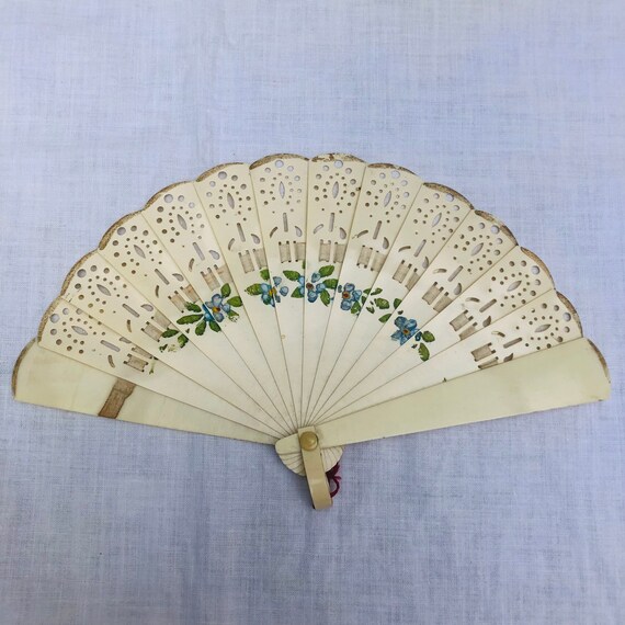 A celluloid Fan, floral, vintage, hand fan, blue … - image 1