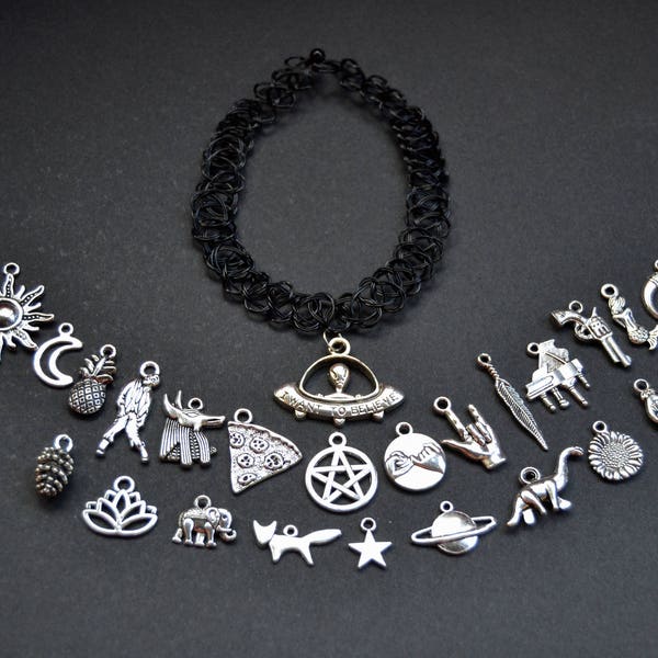 Tattoo Choker With Charm. 90's Choker Necklace. Saturn, Piano, Pentagram, Moon, Elephant, Mermaid, Feather, Dinosaur, Star, UFO, Pizza...