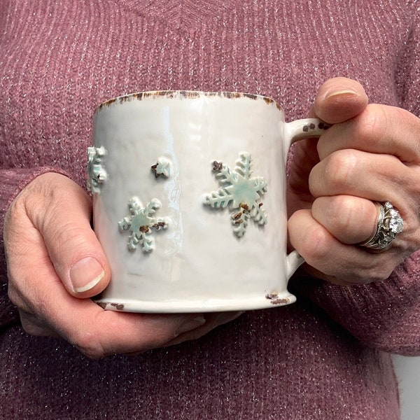 Snowflake Mug - Handmade Pottery Mug, Let it Snow Ceramic slab mug, unique!
