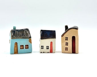 Handmade tiny ceramic houses, hand painted, unique one of a kind Miniature Clay Houses, Pottery Houses