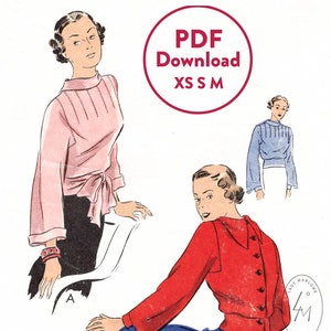 May include: Vintage sewing pattern for a blouse with a high neck and long sleeves. The pattern is for sizes 12-14-16-18-20-40-42. The pattern is available as a PDF download in sizes XS, S, and M.