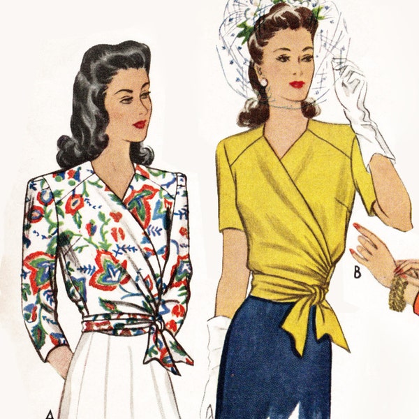 1940 vintage sewing pattern 1940s 40s pattern misses women's wrap  blouse   // side tie short long sleeves // Bust 32 34 36 38