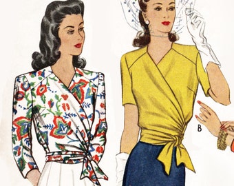 1940 vintage sewing pattern 1940s 40s pattern misses women's wrap  blouse   // side tie short long sleeves // Bust 32 34 36 38