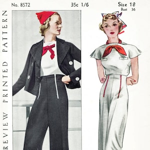 30s 1930s reproduction vintage women&#39;s sewing pattern sailor blouse nautical trousers jacket bust 36 b36 Pictorial Review 8572