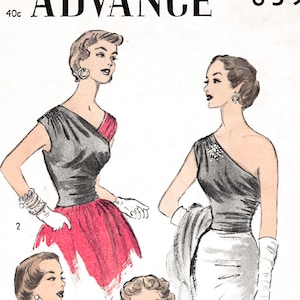 modello di cucito vintage anni &#39;50, riproduzione di camicetta monospalla o top con scollo all&#39;americana SCEGLI LA TUA TAGLIA Busto 30 32 34 36