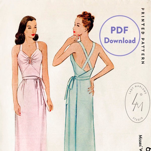 motif de couture vintage 1940s 40s vintage robe couture motif de couture côté cravate slip robe robe bas plongeant retour Instant Télécharger