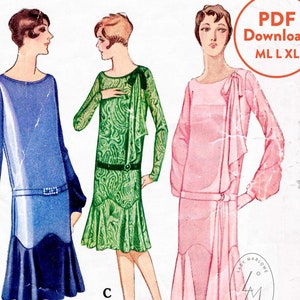 ML L XL vintage sewing pattern 1920s historic dress reproduction / flapper dress / 3 styles / party frock / drop waist PDF Instant Download