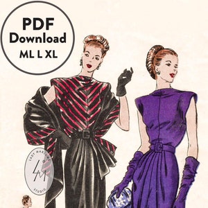 Patrón de costura vintage de los años 40, reproducción de ML, L, XL, vestido de noche de cine negro, falda drapeada con pliegues suaves y estola tipo chal, descarga instantánea