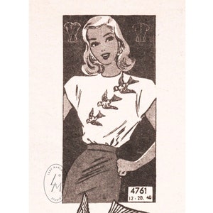 1940 1940s vintage sewing pattern bird embroidery blouse with & cap sleeves / easy to make reproduction / bust 32 34 36 38 40