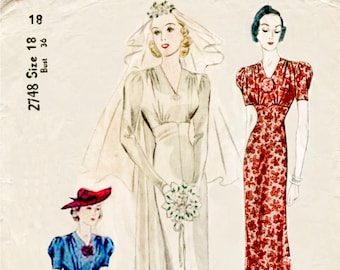 Patrón de costura vintage de los años 30 y 1930, patrón de costura para vestido de novia, de noche o de tarde, busto 36, reproducción