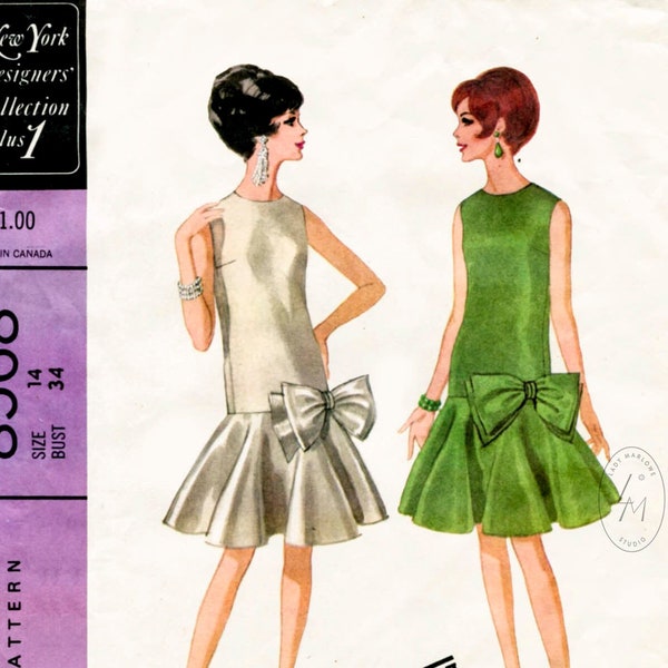 vintage sewing pattern reproduction 1960s 60s  evening cocktail dress trapeze pleated gathers bust 34 b34