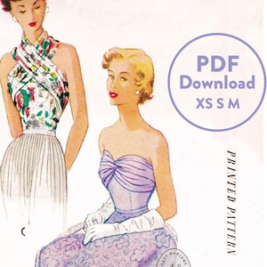 May include: Vintage sewing pattern illustration featuring four elegant dress designs. The dresses include a halter top, a strapless bodice, and a dress with a draped shawl. The pattern is labeled "PDF Download" and includes sizes XS, S, and M.