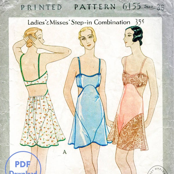 PDF 1930s 30s vintage lingerie sewing pattern / digital download / romper bodysuit lace teddy / bust 36 English & French