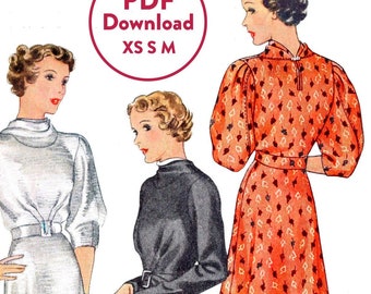 XS S M 1930s 30s blouse vintage sewing pattern reproduction / tunic peplum / draped neckline / two styles  PDF digital download