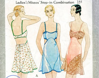 May include: A vintage sewing pattern for a step-in combination garment. The pattern is printed on paper and shows three different views of the garment. The garment is a slip with a lace trim and a cutout detail. The pattern is labelled "Printed Pattern 6155 Size 36 Ladies & Misses' Step-in Combination 35¢".