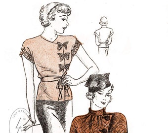 vintage sewing pattern 1930s blouse or jacket 2 styles / long lantern sleeves / short cap sleeves / bow detail / Bust 32 34 36 38 40