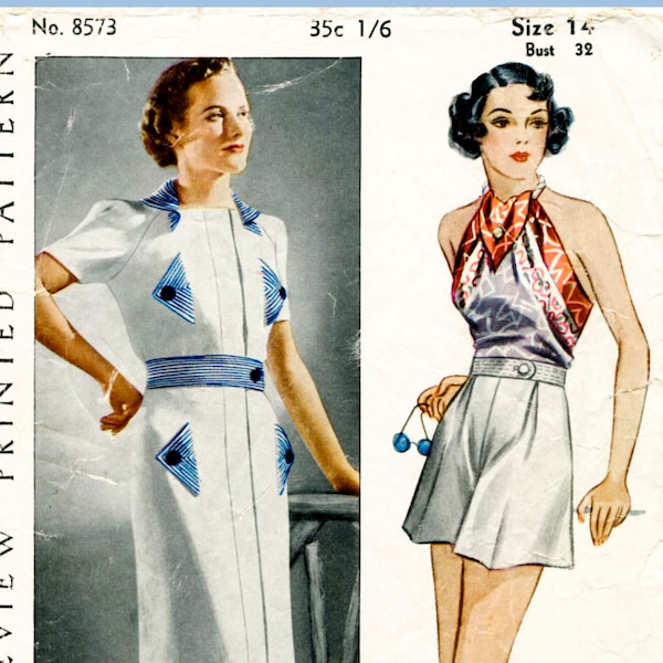 30er Jahre 1930er Jahre Reproduktion Vintage Damenschnitt Schnittmuster Damen Schnittmuster Bluse Playsuit Shorts Strand Strampler Büste 32 b32 Pictorial Revee 8573