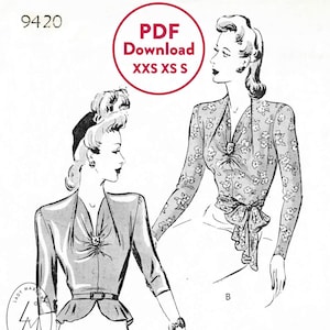 XXS XS S 1940s vintage sewing pattern 1940 blouse day or evening / cinched peplum waist / sash bow / Instant Download PDF pattern