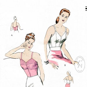 Puede incluir: Un patr&oacute;n de costura vintage para un sujetador, con ilustraciones del sujetador en blanco y rosa. El n&uacute;mero del patr&oacute;n es 6066 - 35c y la talla de pecho es 42. El patr&oacute;n es de Lady Marlowe Studio.