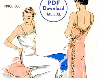 Patrón de costura vintage ML L XL, años 30, patrón de costura de lencería vintage, vestido cruzado de encaje, camisón, negligé, descarga instantánea en pdf
