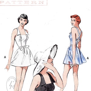 1950s 50s vintage playsuit sewing pattern reproduction // beachwear bathing suit // skater skirt // ruching detail // Bust 32 34 36 38 40