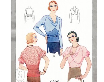 1930s 30s blusa art deco // riproduzione vintage del modello di cucito // cuciture curve maniche raglan scollo a cappuccio // busto 32 34 36 38 40