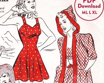 Patrón de costura vintage de los años 40, top corto, falda, mono, traje de baño, mono, pareo, abrigo de playa, sudadera con capucha, ML, L, XL, descarga instantánea