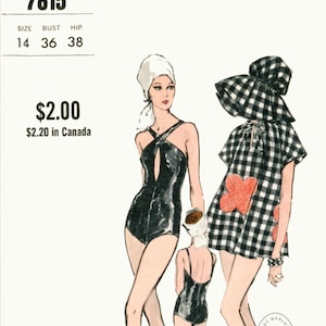 vintage sewing pattern 1960s 1970s vintage swimsuit sewing pattern beach bathing suit one piece swimwear & hat bust 36 b36 reproduction