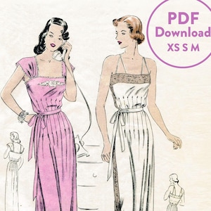 XS S M 1940s vintage lingerie sewing pattern lace gown with pintucks negligee gown PDF Instant Download