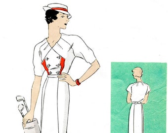 vintage sewing pattern 1930s 30s art deco dress sewing pattern reproduction // sports dress // seam interest // Bust 34/ 1930