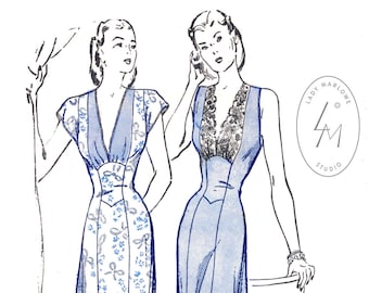 vintage sewing pattern 40s 1940s vintage lingerie sewing pattern gown negligee fitted princess seam Bust 34 reproduction