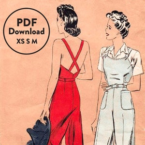 XS S M modello di cucito vintage anni &#39;40 modello vintage anni &#39;40 rosie the riveter pantaloni da lavoro tuta tuta seconda guerra mondiale PDF download immediato