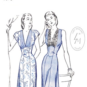 Könnte beinhalten: Ein Vintage-Schnittmuster für ein langes, ärmelloses Kleid mit Spitzenausschnitt. Das Schnittmuster ist für Größe 16 und Brustumfang 34. Das Schnittmuster stammt von Lady Marlowe Studio.