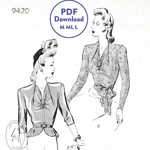 M ML L 1940s vintage sewing pattern 1940 blouse day or evening / cinched peplum waist / sash bow / Instant Download PDF pattern